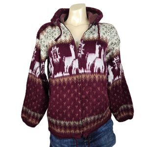 Tejidos Ruminahui Alpaca Wool Cardigan Sweater Burgundy Unisex Sz S Hood Artisan